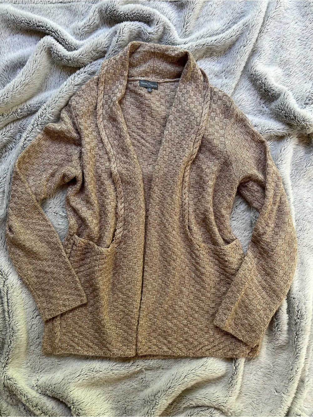 Market & Spruce Open-Front Brown Textured Shawl Cardigan